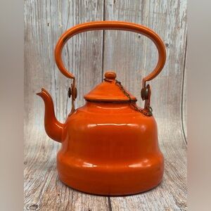 Mid Century Modern -  Orange Tea Kettle -  Chained Lid - Enamel Ware -Yugoslavia